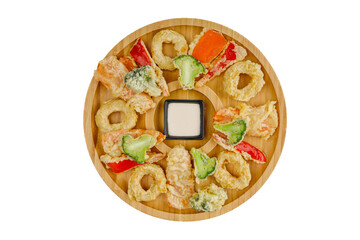 wooden plate of fried vegetables for online restaurant menu on white background 1