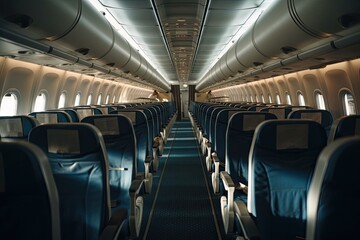 Fototapeta premium Empty passenger airplane seats in the cabin. Generative AI