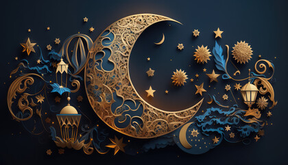 Ramadan Kareem 2023 new background image Islamic concept for greeting card, banner Golden, blue, yellow half-moon with pattern, lantern light decoration, stars Flatly on dark background AI generative