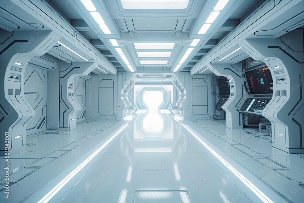 Poster empty stage in the future. sci fi interior concept with modern background technology from the future