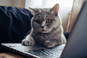 Fototapeta na wymiar from home buying online. Gray cat examining laptop. Paws on the keyboard and a credit card strewn nearby Lifestyle Remain at home. Pets are tech savvy. A house cat places an internet food order