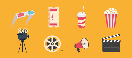 Cinema icon set line. Popcorn box package Big movie reel. Open clapper board. Ticket Admit one. Three star. Flat design style. Yellow background. Isolated. Vector illustration.
