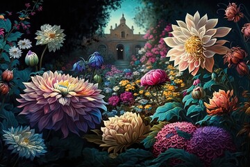 Naklejka na ściany i meble A Burst of Brilliant Blooms in a Glorious Garden of Wonder Generative AI