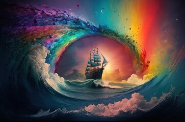 Fototapeta na wymiar A Celestial Voyage of Color Across a Magically Rainbow-hued Sea Generative AI