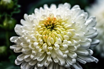 Full bloom of a white Pon Pon Mum (Chrysanthemum) flower. macro photography at close range. Generative AI
