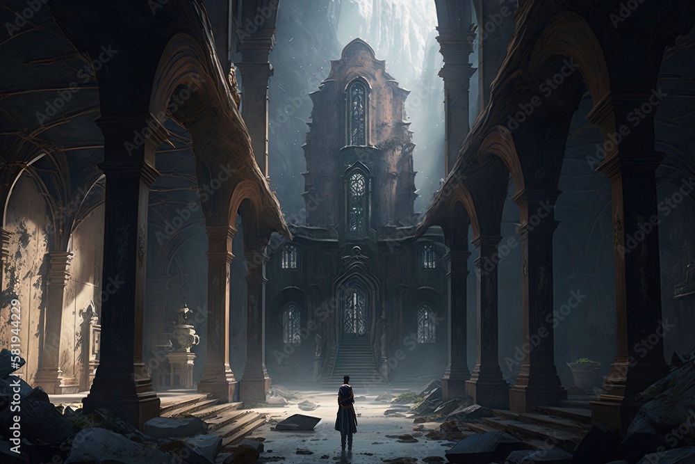 Poster exploring the mysterious world inside a fantasy monastery generative ai