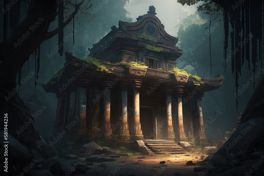 Poster exploring the mystique of an age-old mysterious temple generative ai