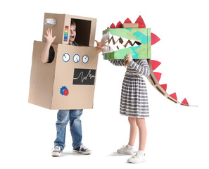 Little children in cardboard costumes on white background