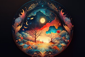 Naklejka premium Exploring Wonder and Magic: A Dreamy Fantasy Mandala Illustration Generative AI