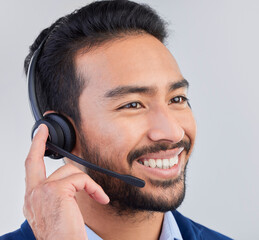 Call center, microphone and face of man happy for communication, consulting and crm networking. Contact us, customer support mockup and male consultant smile in studio for help, service and sales