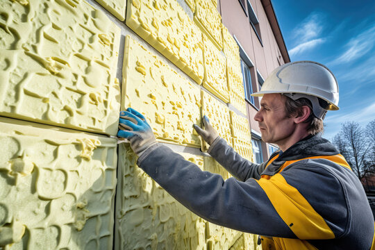 Construction worker installing an insulation panel for making the house wall energy efficient, generative ai