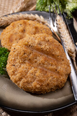 Source of fibre plant based vegan wheat protein grilled burgers, meat free healthy food close up