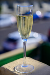 Dinner party, drinking of cava or champagne sparkling wine in vacation resort Caleta Fuste, Fuerteventura, Canary islands vacation, Spain