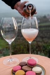 Tasting of premier cru sparkling rose wine with bubbles champagne outdoor with view on hilly pinot...