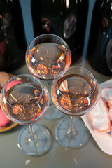 Tasting of rose brut Champagne sparkling wine in cellars of gran cru wine house in Epernay, wine tour in Champagne, France