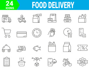 set of 24 vector line icons related to food delivery. Contains such Icons as Courier on Bicycle, Food Box, Contactless Delivery. 