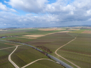 Aerial panoramic winter view on valley landscape, vineyards near Ludes premier cru champagne village, wine production in France