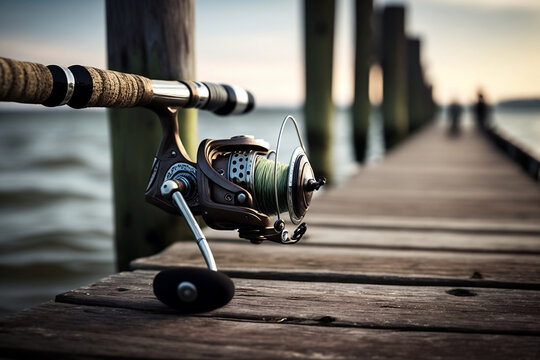Close up of a Fishing rod and reel on the dock generative ai