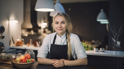 Portrait of a female cook in a kitchen. generative AI	
