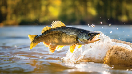 fish jumping out of river water. generative AI