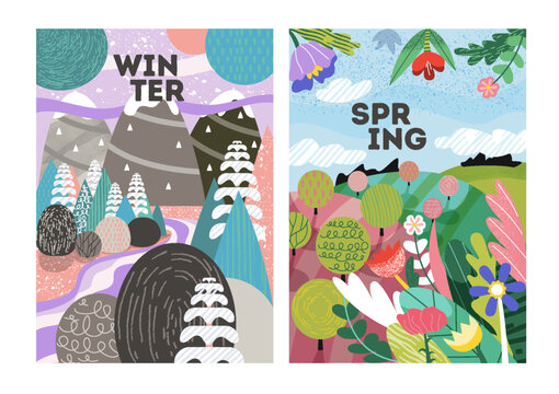 Winter and spring landscape. Collection of posters or banners for website. Abstract minimalistic art. Pictures with change of seasons. Cartoon flat vector illustrations isolated on white background
