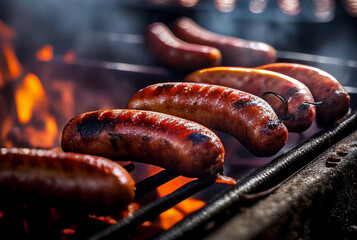 Juicy sausages on the surface of the grill with fire in the process of cooking. Close-up