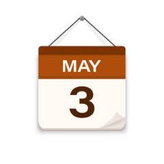 May 3, Calendar icon with shadow. Day, month. Meeting appointment time. Event schedule date. Flat vector illustration. 