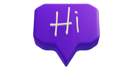 Png 3d render bubble chat with box shape, purple color, and hi text