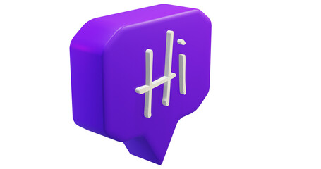 Png 3d render bubble chat with box shape, purple color, and hi text