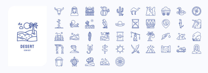 Fototapeta na wymiar Desert land icons including icons like Animal Skull, Bedouin, Cactus, Camel and more