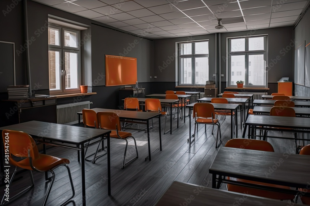 Poster empty classroom, orange. generative ai