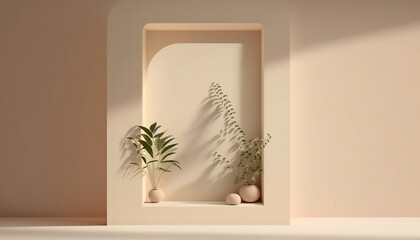 Abstract studio background for product presentation. Empty room with shadows of window and leaves