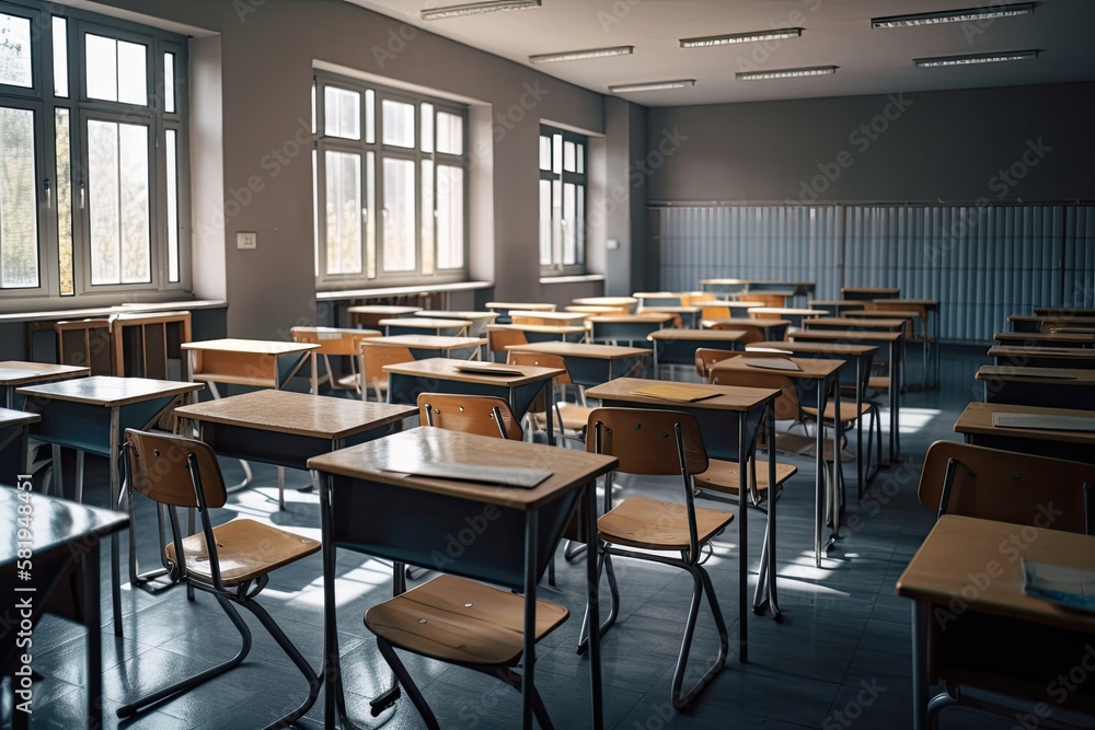 Poster empty classroom with tables and chairs. generative ai