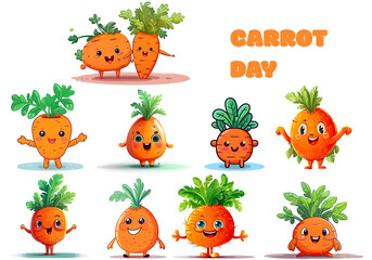 Set of cheerful happy cute carrot cartoon characters. Generative ai illustration.