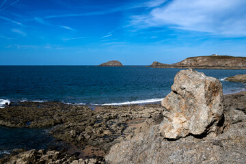 Ancient Stone Sculptures At Sculptured Rocks In Rotheneuf At The Atlantic Coast Near Saint Malo In...