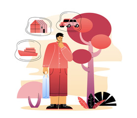 Man thinks about car and house. Shopper with dreams about expensive goods and purchases. Young guy making decision and choose between transport and real estate. Cartoon flat vector illustration