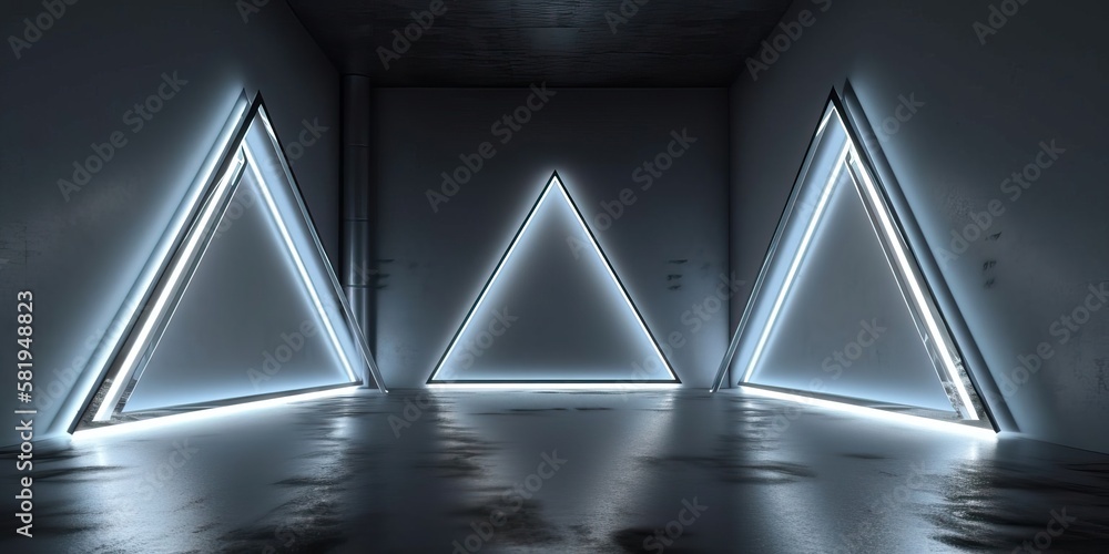 Wall mural 4k resolution or higher, triangle white neon tube lights glowing in concrete floor room. generative 