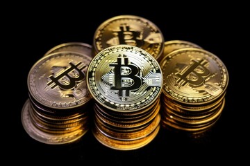 Golden Bitcoins in a photo (new virtual money ). Generative AI
