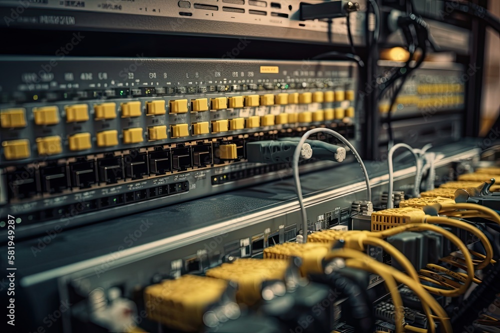 Poster fiber optic cable label and high speed network router switch in a data center for technology. backgr