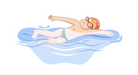 Little boy swimming. Baby goes in for sports. Active and healthy lifestyle. Cute kid swim under water on summer holiday at sea, ocean or swimming pool. Cartoon flat vector illustration