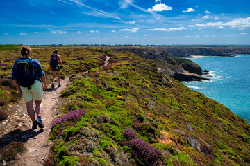Cliffs And Hiking Trail At Atlantic Coast Of Cap Frehel In Brittany, France - obrazy, fototapety, plakaty