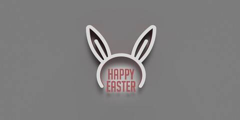 Happy Easter greeting card. Trendy Easter bunny ears design with typography in 3D render illustration on grey background, copy space. Modern minimal style. Horizontal poster header for website