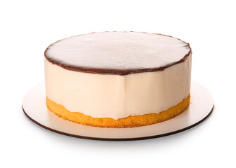 Tasty birds milk cake on white background