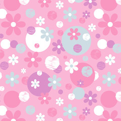 Floral delicate seamless pattern in pastel colors, with circles and flowers. Design for fabric, for children's fabric, for packaging, wallpaper.
