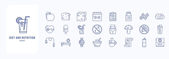 Nutrition Diet and Healthy lifestyle icon set, including icons like Apple, Bread, Cheese, Drug and more