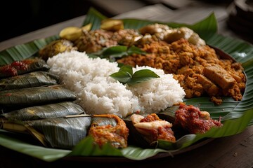 Indian fish platters are a popular non vegetarian dish from Mumbai, Konkan, Maharashtra, Goa, Bengal, and Kerala that are typically served on a banana leaf or on a steel plate. Generative AI - obrazy, fototapety, plakaty