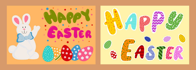 Two bright Happy Easter cards, with a rabbit, Easter eggs and a bright multi-colored inscription.