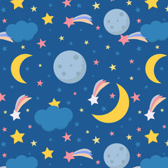 Seamless night pattern with elements of the moon, month, stars and comet. Design for baby fabric, packaging, wallpaper.