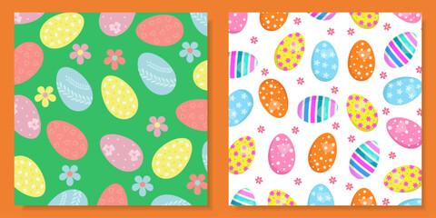Two Easter seamless bright patterns with Easter eggs of different colors. Design for tablecloth, towels, fabric, packaging.