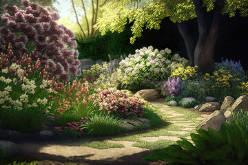 Ein Pfad in einem traumhaften Park, oder wunderschönen Garten, umringt von vielen Blumen. AI generated